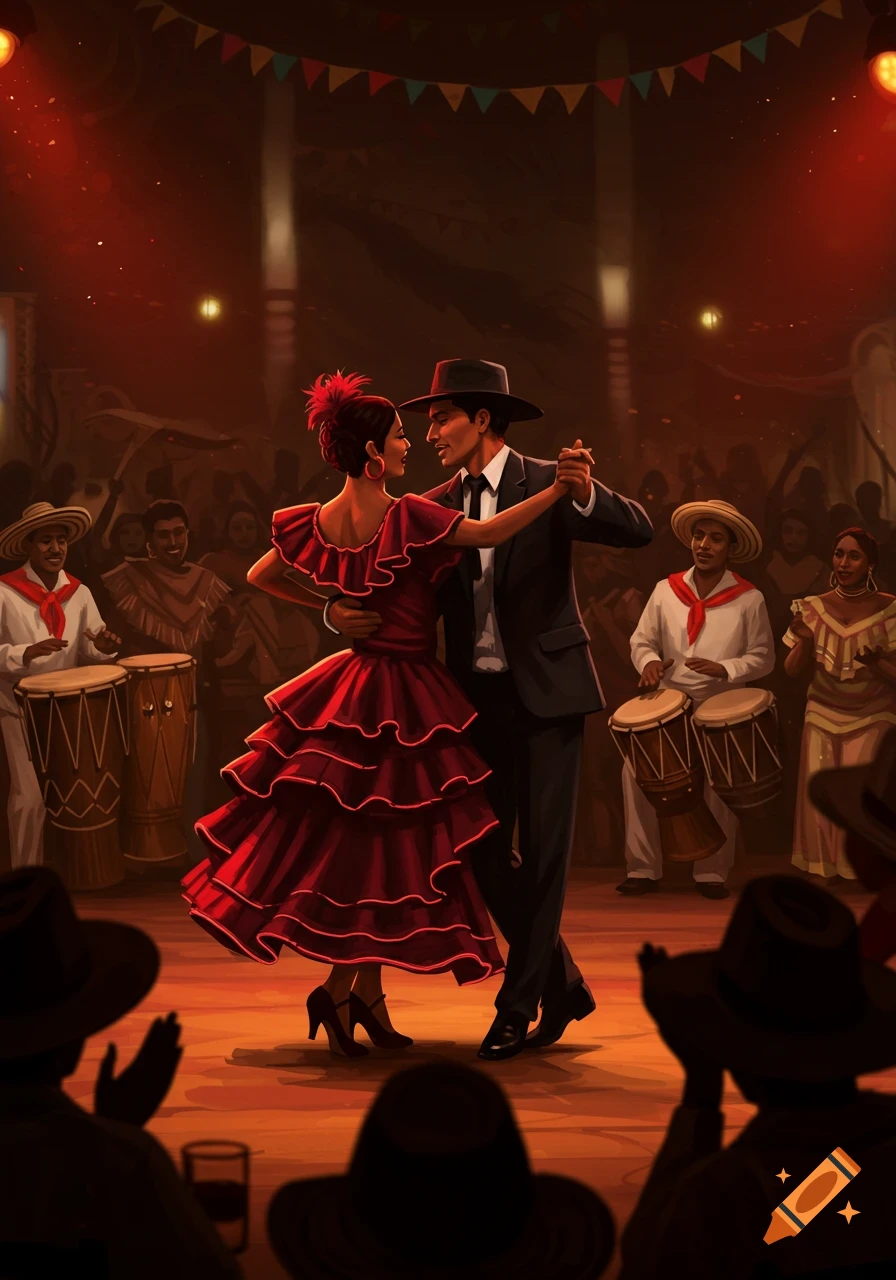 Illustration of a man and woman in traditional attire dancing a vibrant Latin dance on a wooden stage, with musicians and a crowd watching.