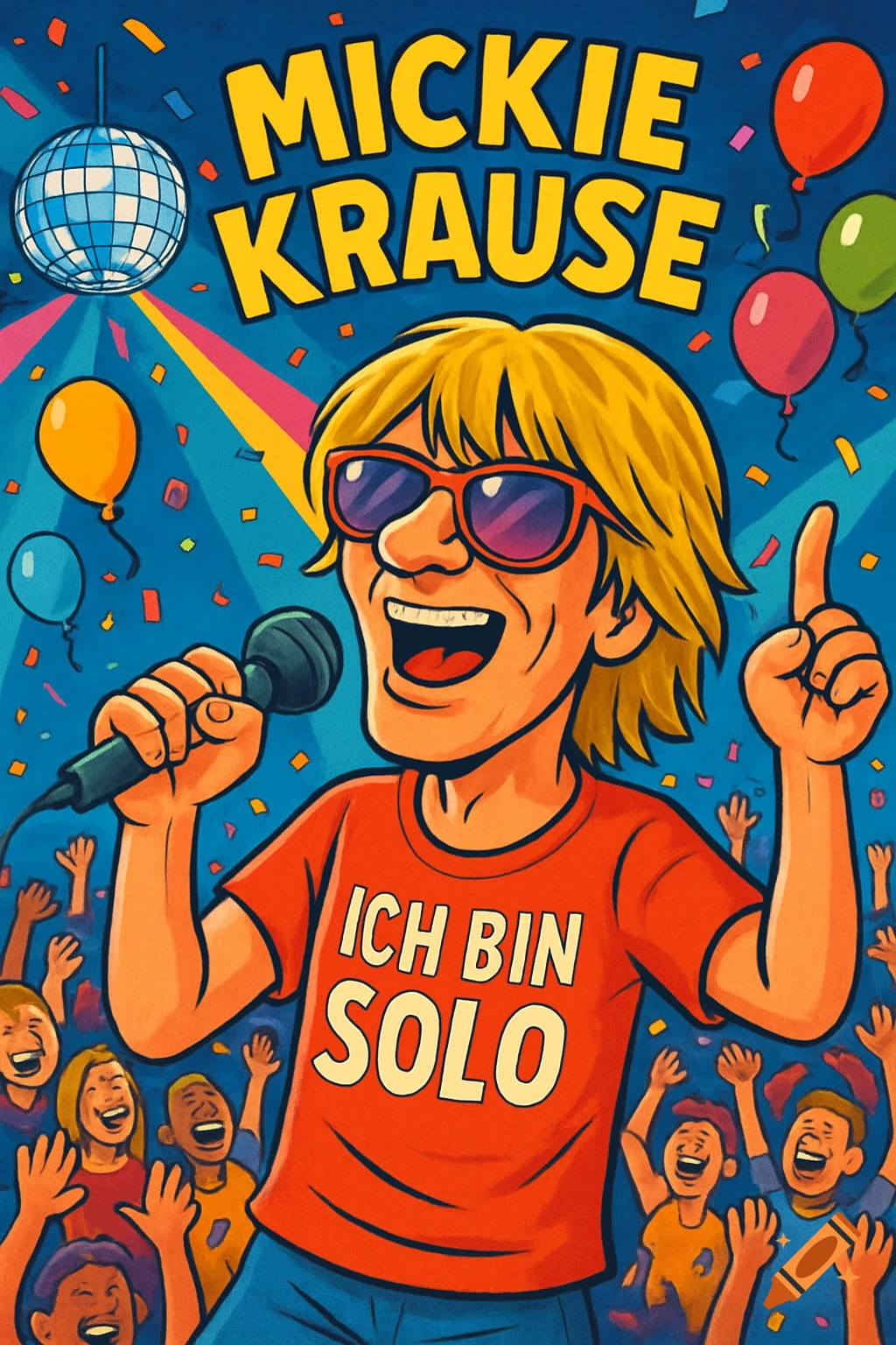 Vibrant comic art of a cartoon singer, Mickie Krause, performing at a party with 'Ich bin Solo' on his shirt, confetti, and crowd.