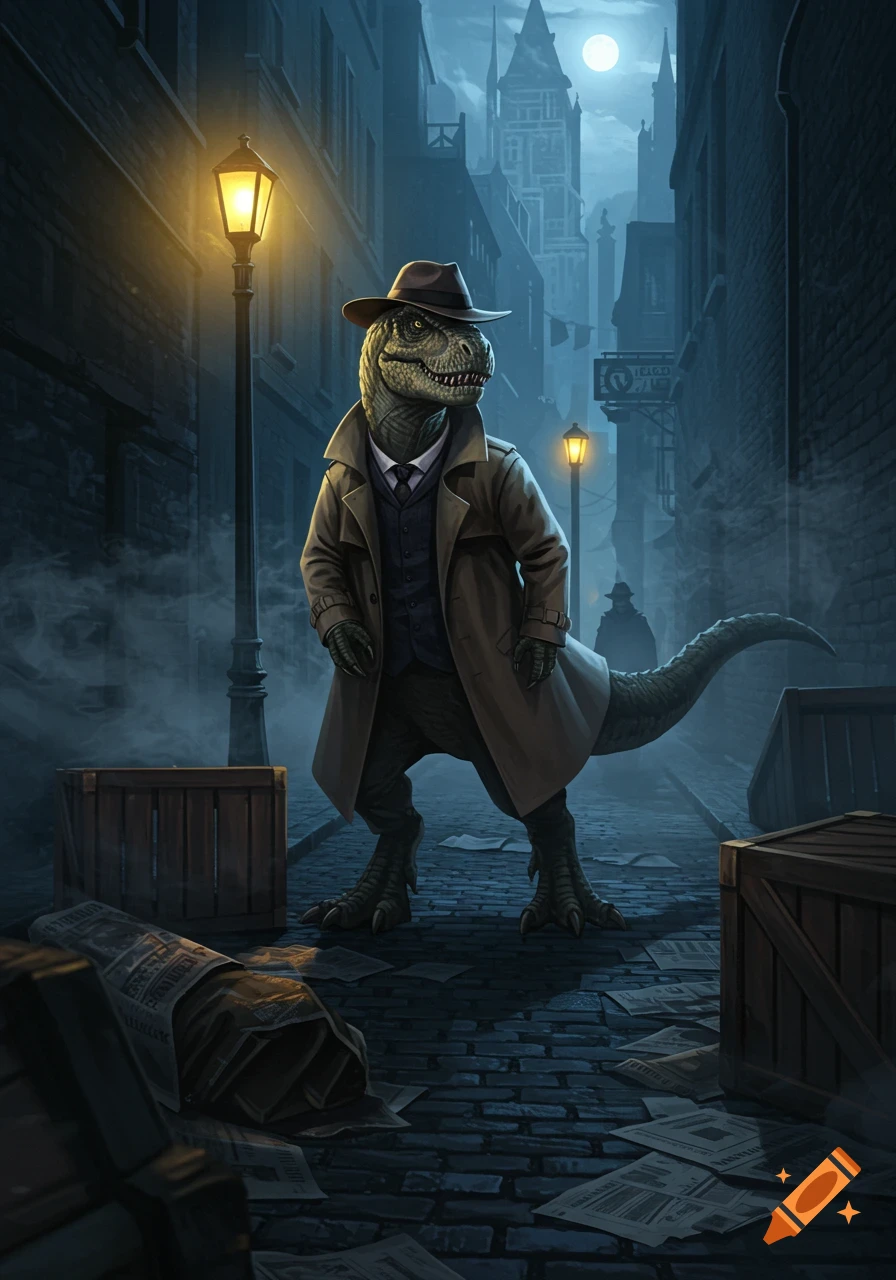 A dinosaur detective wearing a fedora and trench coat stands in a dark, foggy alley at night under a full moon.