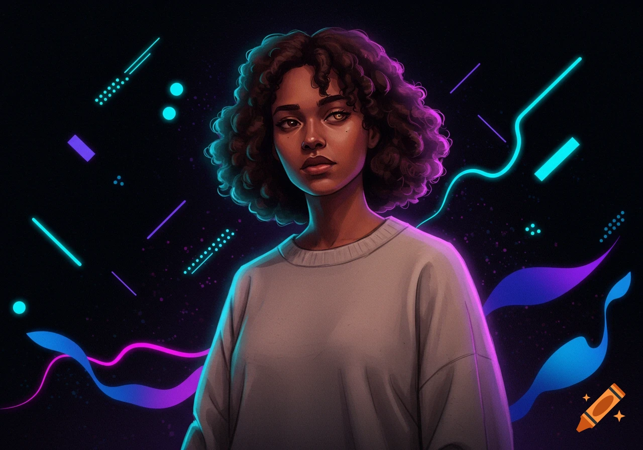 Semi-realistic digital portrait of a person with curly hair in an oversized sweater, against a black background with abstract neon lights.