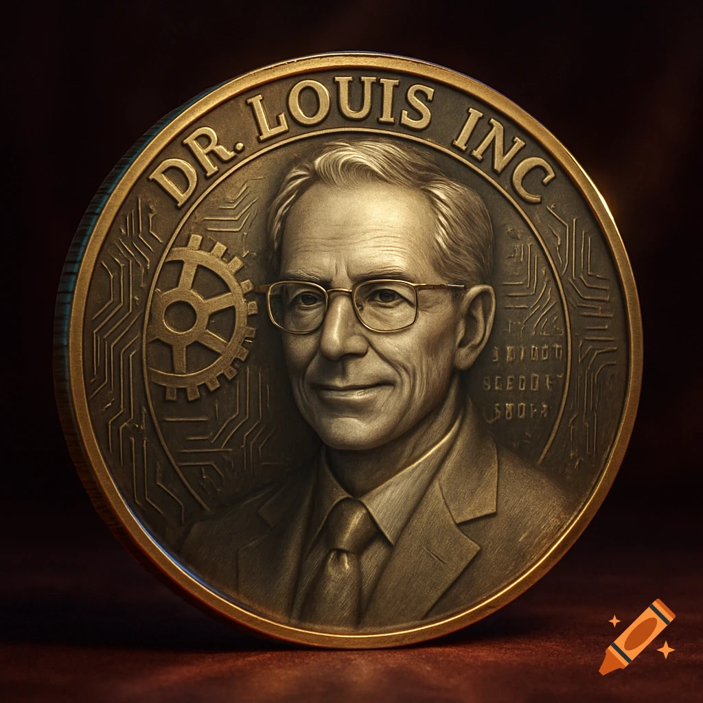 A detailed bronze coin featuring a bust of an older man in glasses, with 'DR. LOUIS INC' inscribed above him, flanked by a gear and circuit patterns.