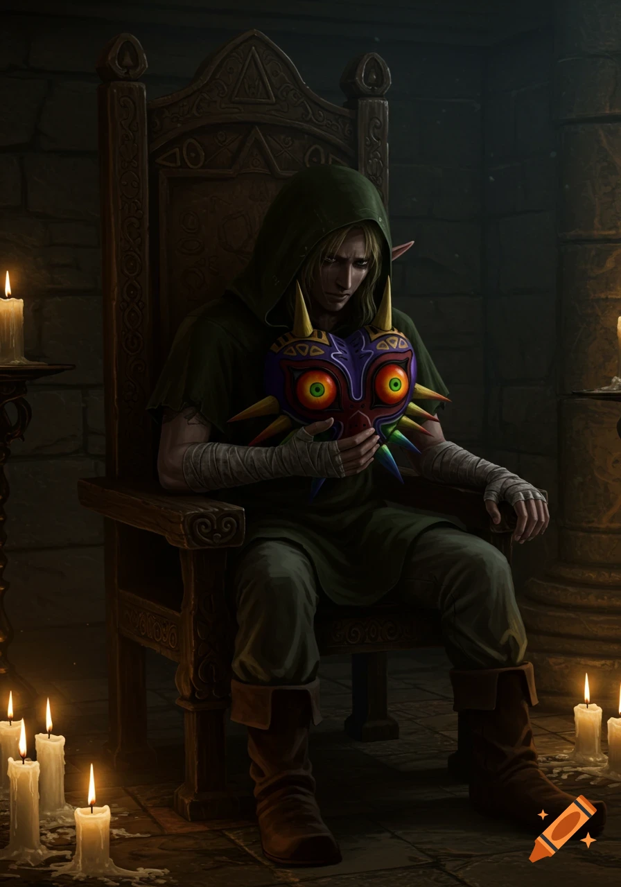 Photorealistic image of Link in a dark hooded robe, holding Majora's Mask while sitting on an ornate chair in a candle-lit sanctuary.