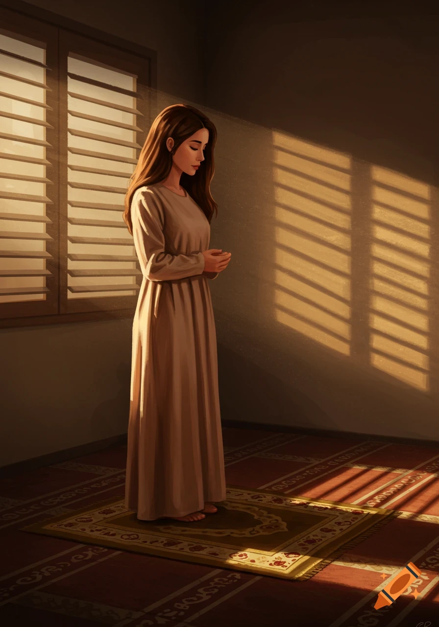An illustration of a woman in a long beige dress praying on a prayer mat, bathed in warm sunlight filtering through a window.