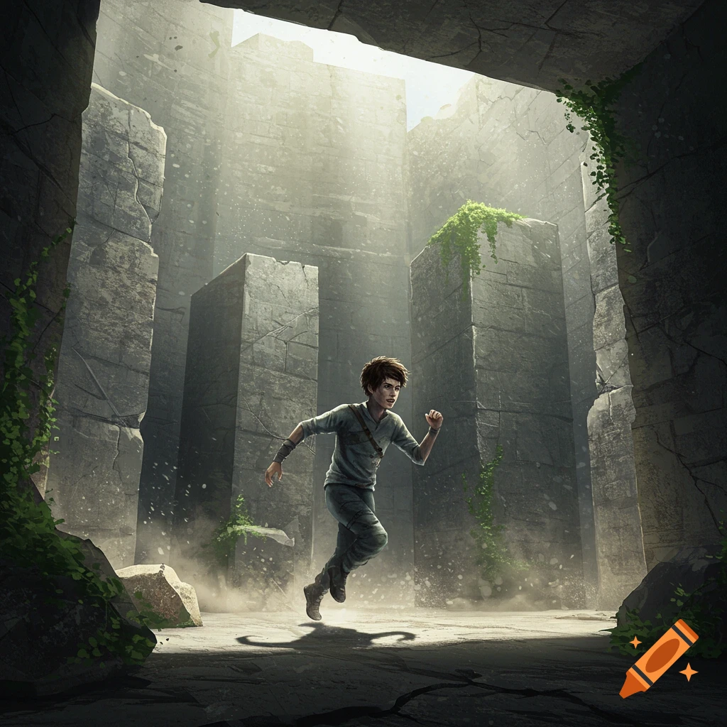 A young man with dark hair runs through a vast, sunlit stone maze with tall walls and scattered vines. Illustrative style.
