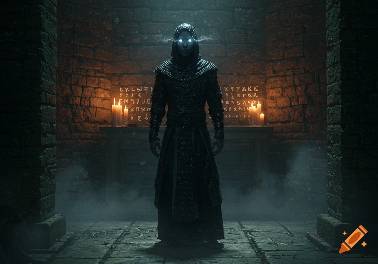 A dark hooded figure with bright glowing eyes stands in a shadowy stone chamber, surrounded by lit candles and mysterious symbols etched into the wall.