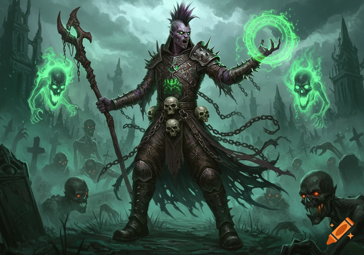 A punk necromancer with a mohawk casts a green spell amidst glowing ghost skulls and zombies in a foggy graveyard, dark fantasy art.
