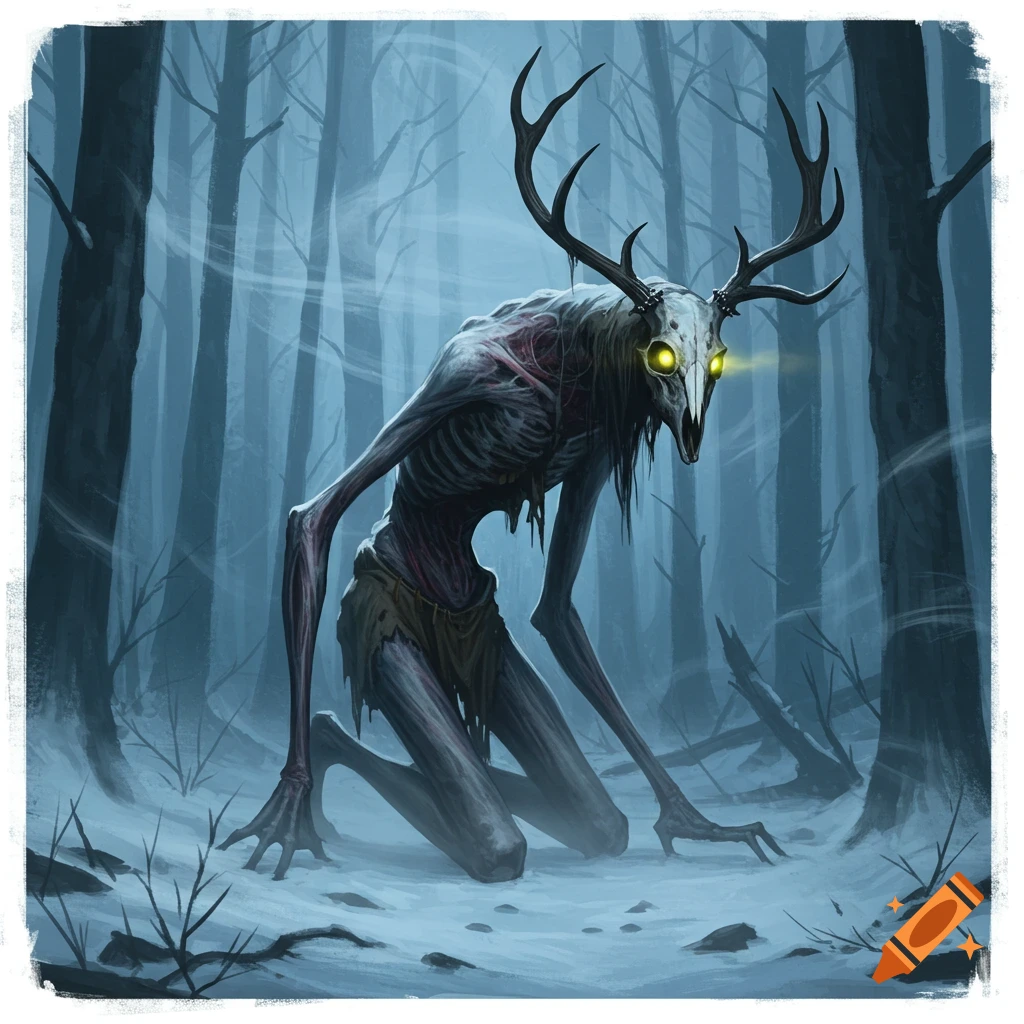 Skeletal, antlered wendigo monster with glowing yellow eyes kneels in a dark, snowy, foggy forest.