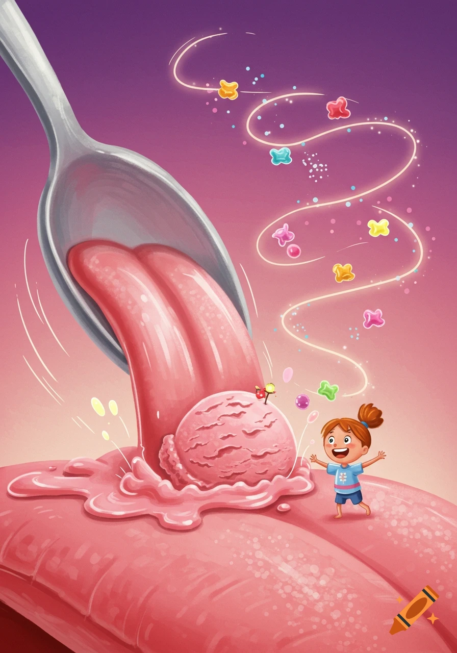 Children's book illustration of a giant spoon pouring melting pink ice cream onto a tongue-like surface, with a tiny girl and floating molecules.
