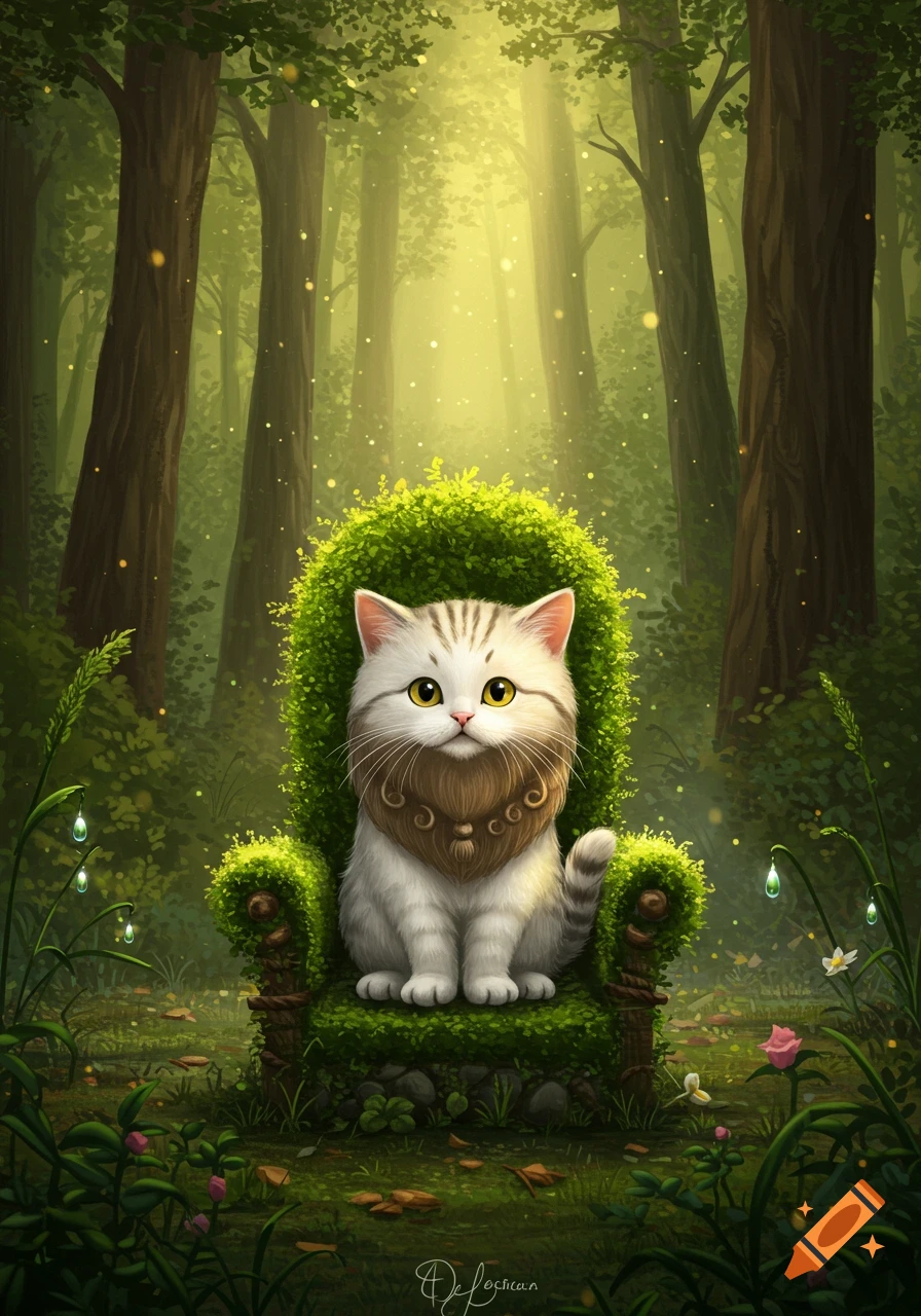 A fluffy white cat with a brown beard sits on a mossy chair in a sun-dappled fantasy forest, illustrated.