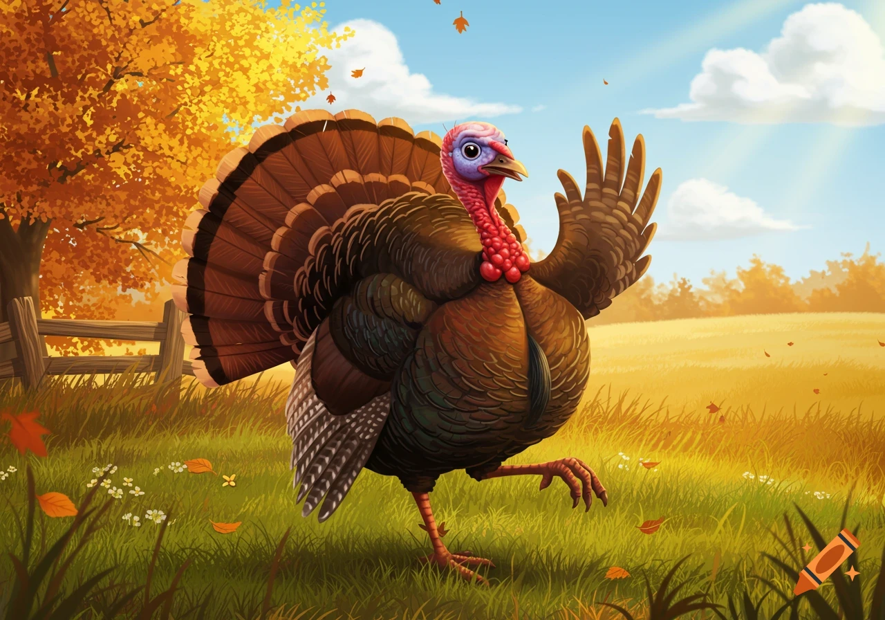 A vibrant cartoon turkey with a fanned tail waves its wing in a sunny autumn field with golden trees and falling leaves.