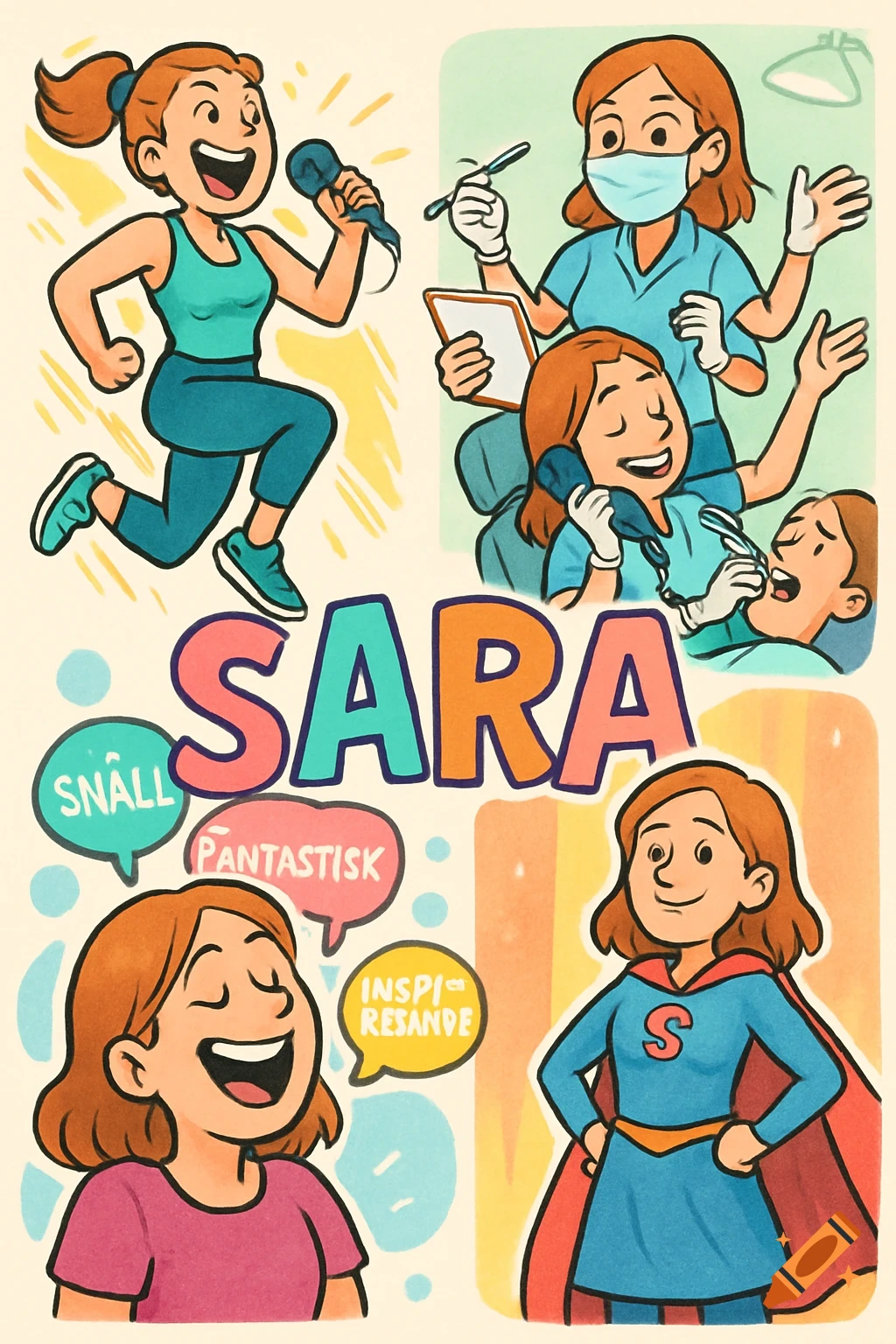 A colorful cartoon illustration of a woman named Sara, depicted in four different panels: singing, as a multi-armed dental nurse, laughing, and as a superhero. Swedish compliments "SNÄLL", "FANTASTISK", and "INSPIRERANDE" are in speech bubbles.