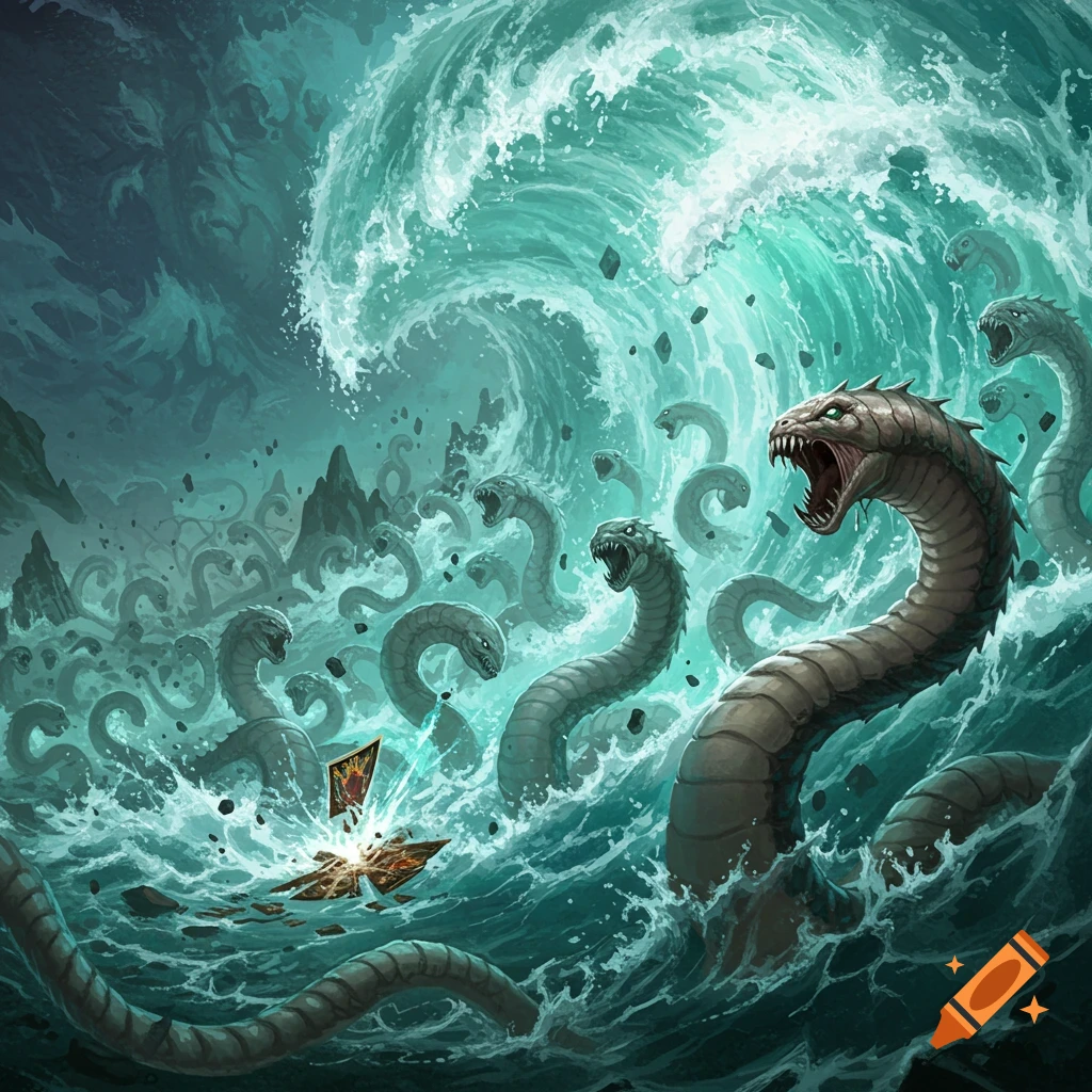 Fantasy illustration of numerous snake-like sea monsters with fangs emerging from a turbulent teal ocean wave, with a broken card.
