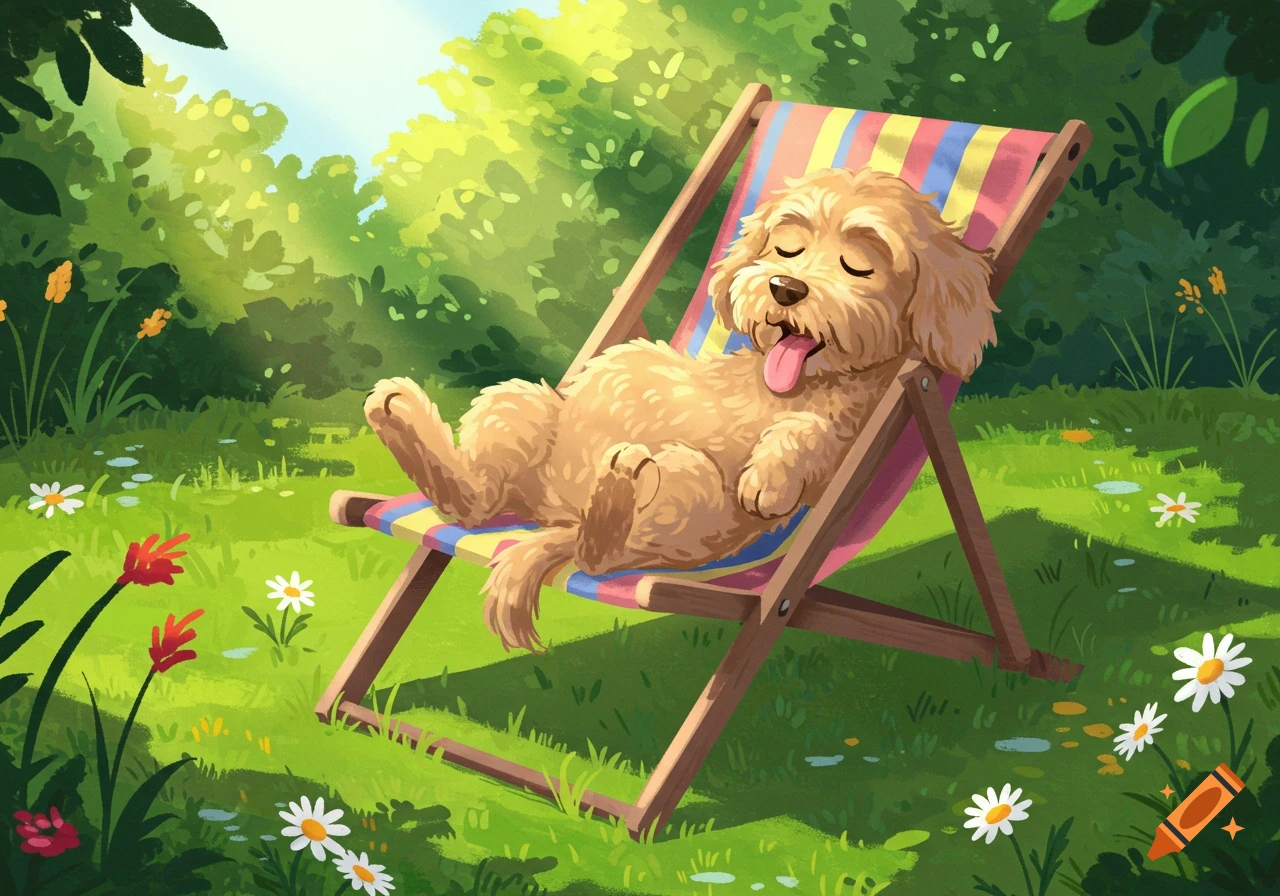 A tan cartoon labradoodle dog rests on a striped lawn chair in a sunny green garden with flowers.