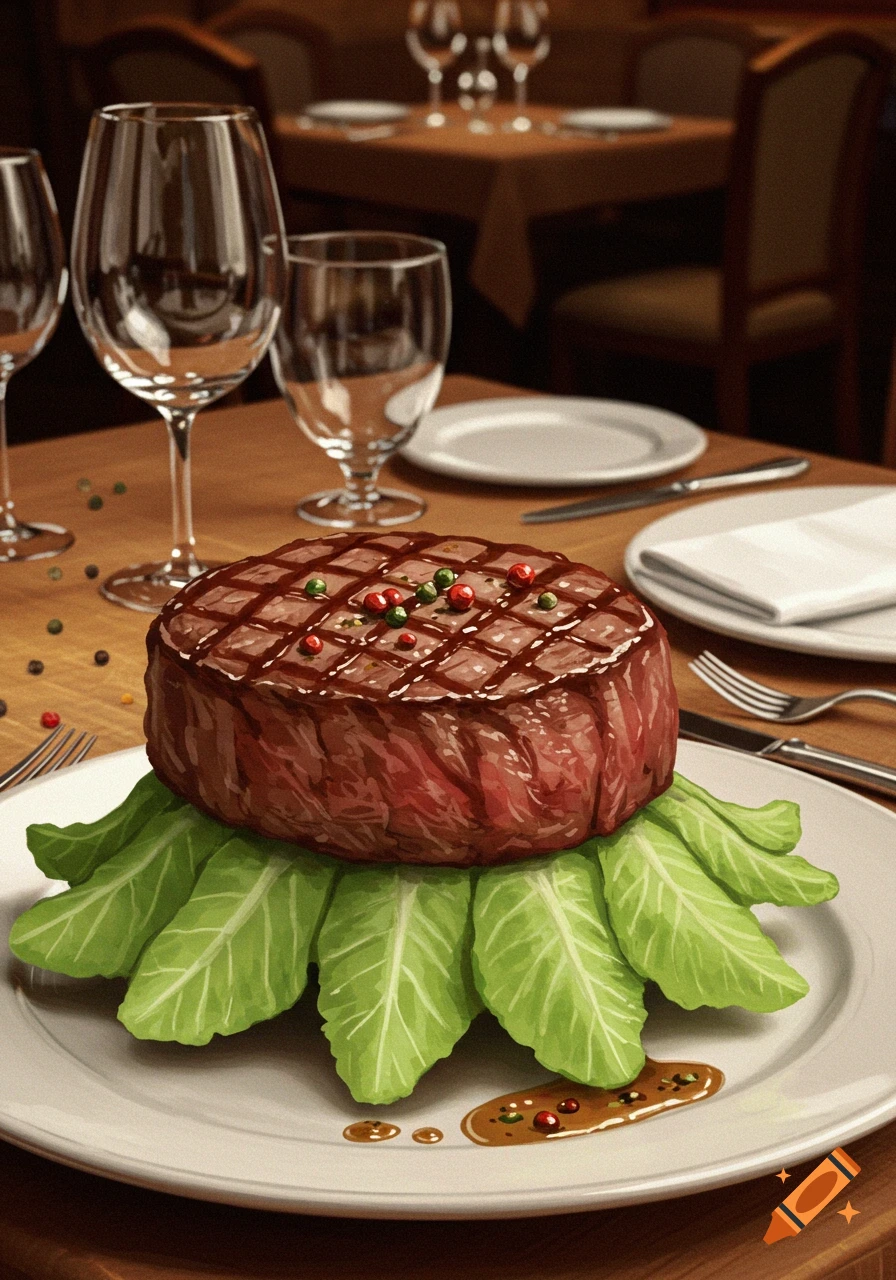 A thick, grilled steak on a bed of green leaves with peppercorns and sauce, on a white plate in a restaurant setting.