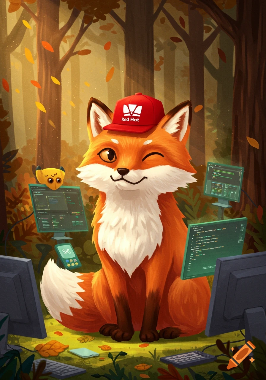 A cute cartoon fox wearing a red Red Hat cap, winking, surrounded by glowing computer screens and keyboards in an autumnal forest setting.