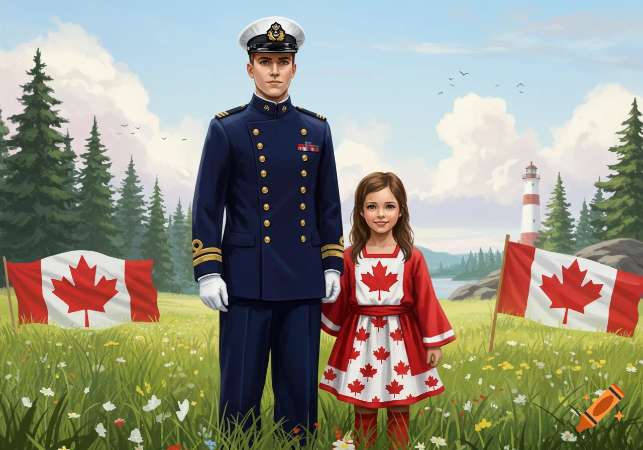 An illustrated man in a navy uniform and a girl in a Canadian maple leaf dress stand in a field with Canadian flags and a lighthouse.