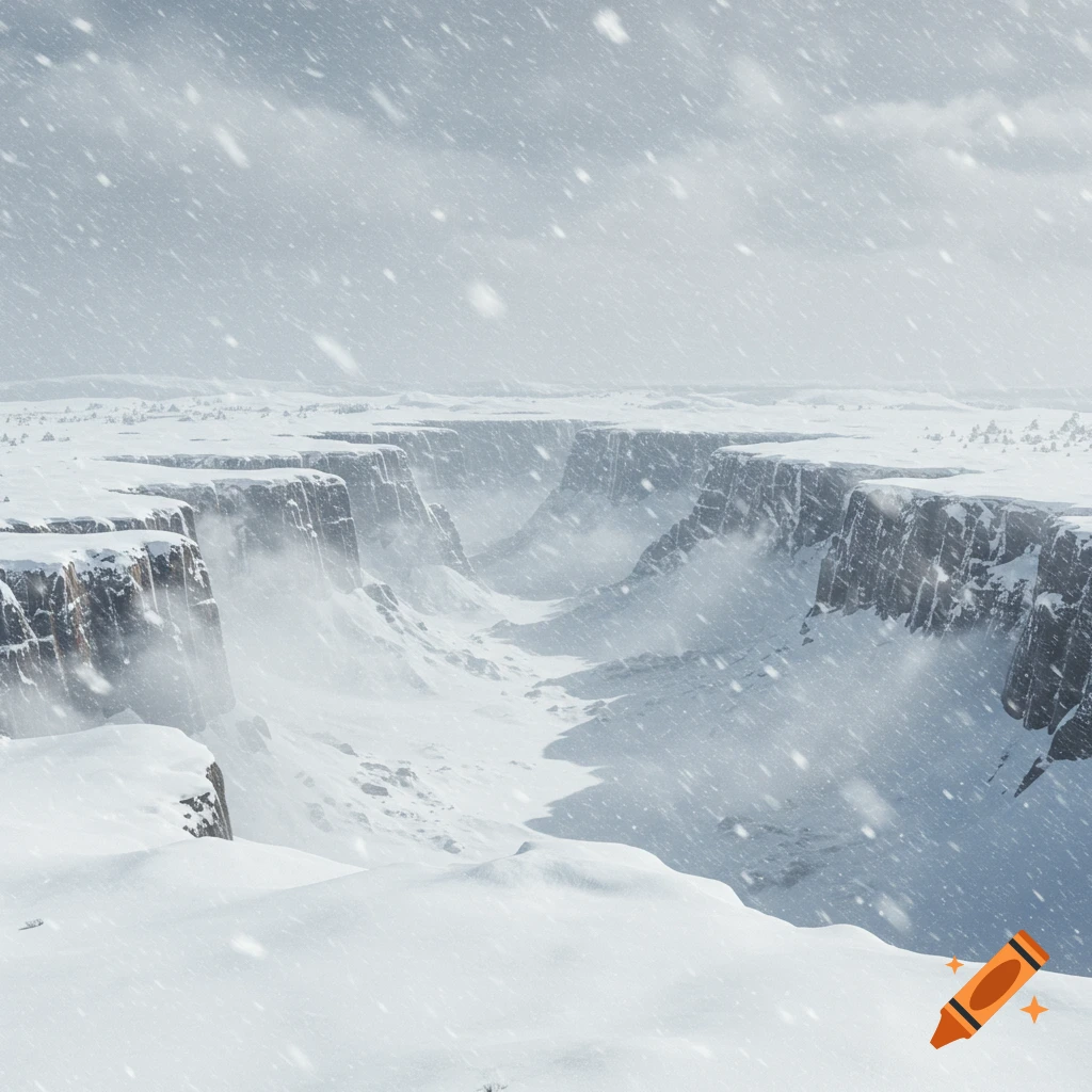 A vast, snow-covered canyon during a heavy snowstorm, with fog obscuring the distant cliffs, in a photorealistic style.