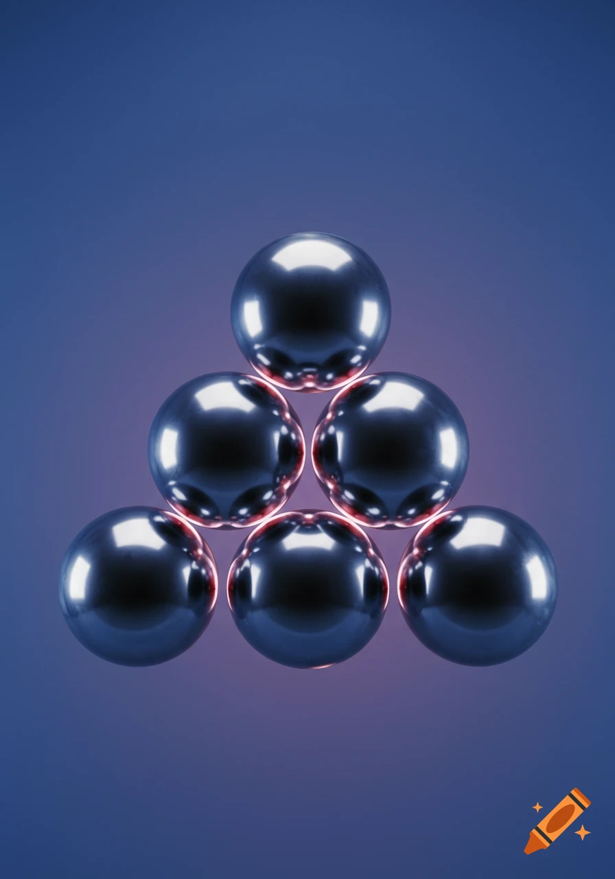 Six shiny metallic spheres arranged in a pyramid shape on a blue and purple gradient background.