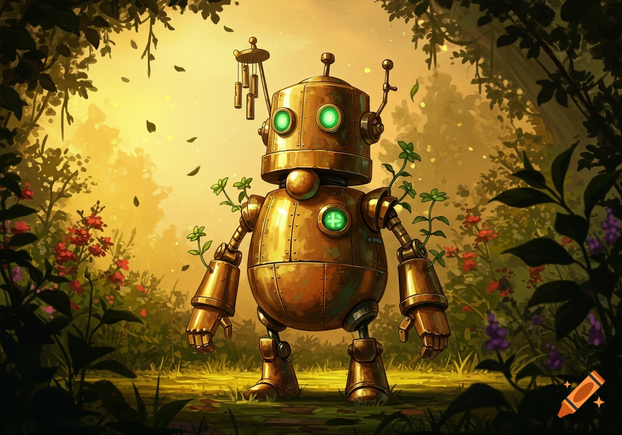 An old, rusty golden robot with glowing green eyes and plants growing from it stands in a sun-dappled, lush forest. Illustrated style.