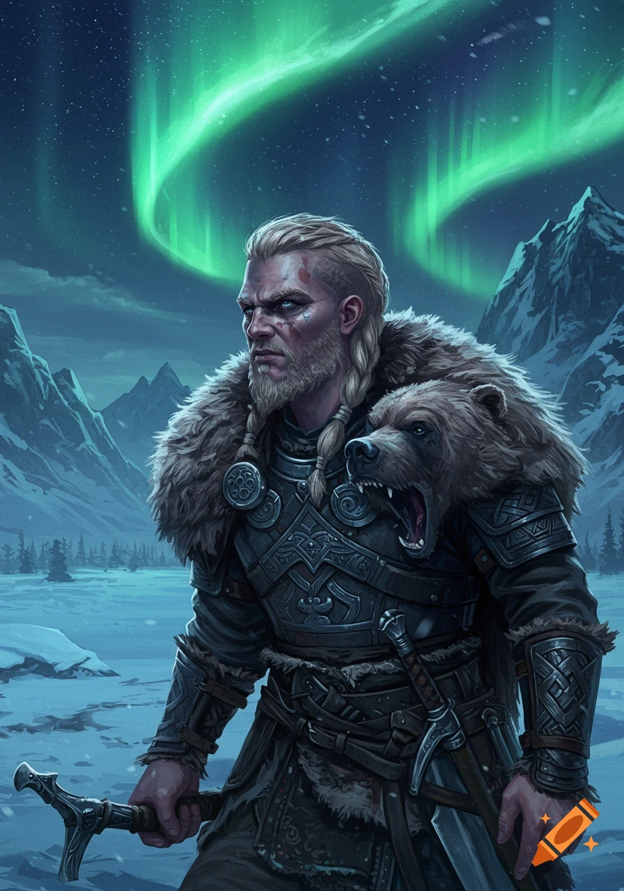 A powerful Viking warrior with a beard, braided hair, fur, and armor, holding a sword in a snowy landscape under the Northern Lights.