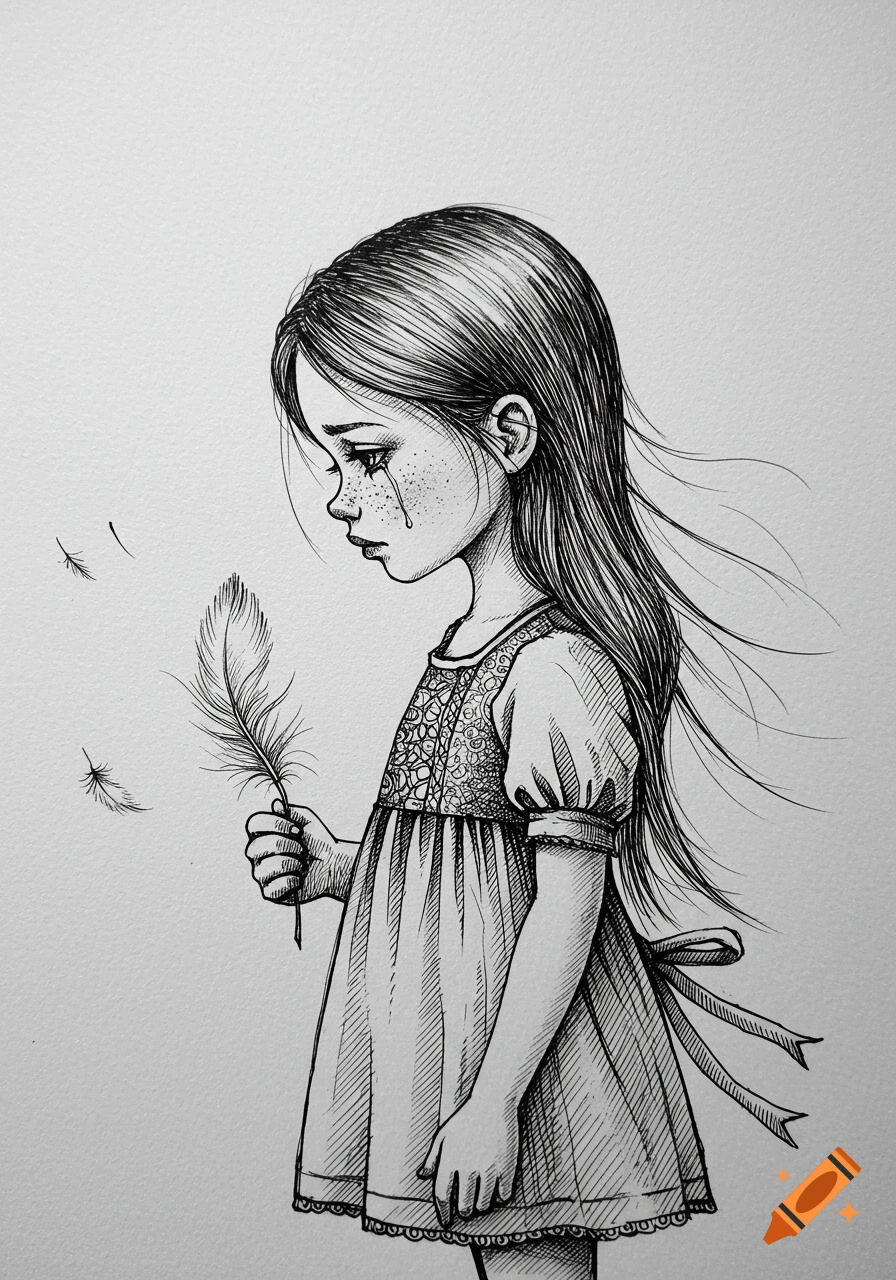Black and white pen drawing of a sad girl with freckles, holding a feather, with more feathers floating in the air.