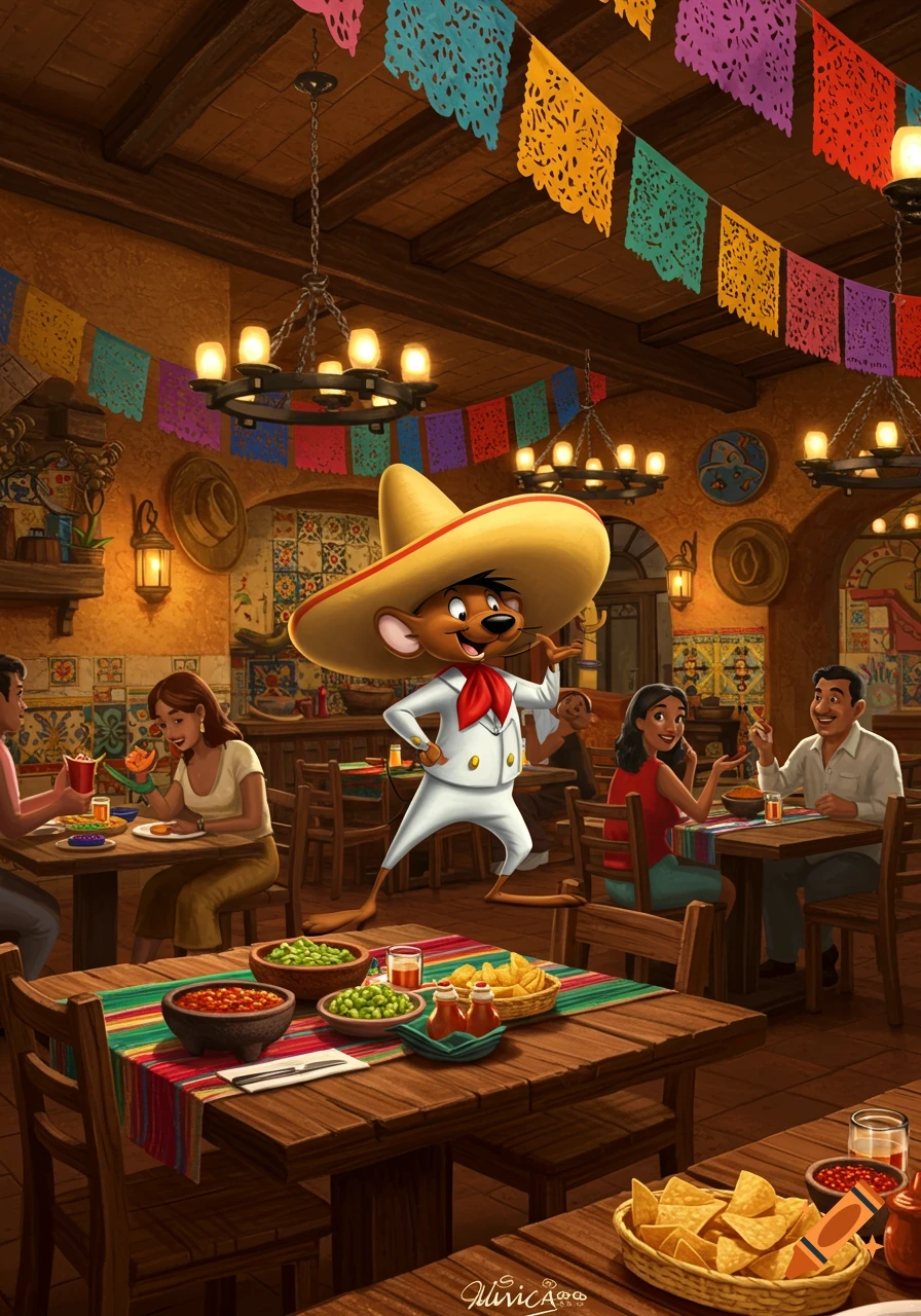 Speedy Gonzales stands on a table in a vibrant Mexican restaurant filled with diners, colorful decorations, and food.