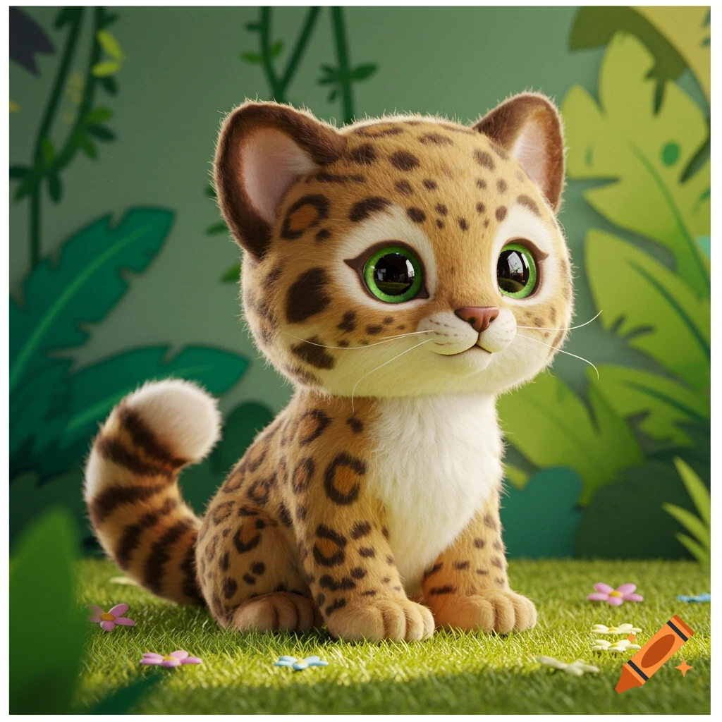 A cute, plushy-style clouded leopard cub with big green eyes sits on grass in a jungle setting.