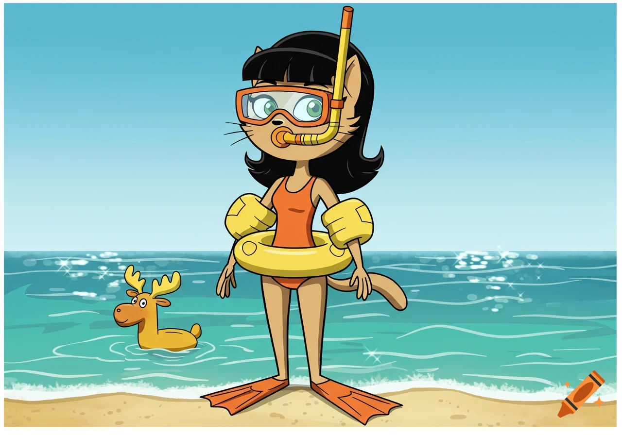 Cartoon cat, Kitty Katswell, in orange swimsuit, snorkel, flippers, armbands, and a moose rubber ring, stands on a sandy beach.
