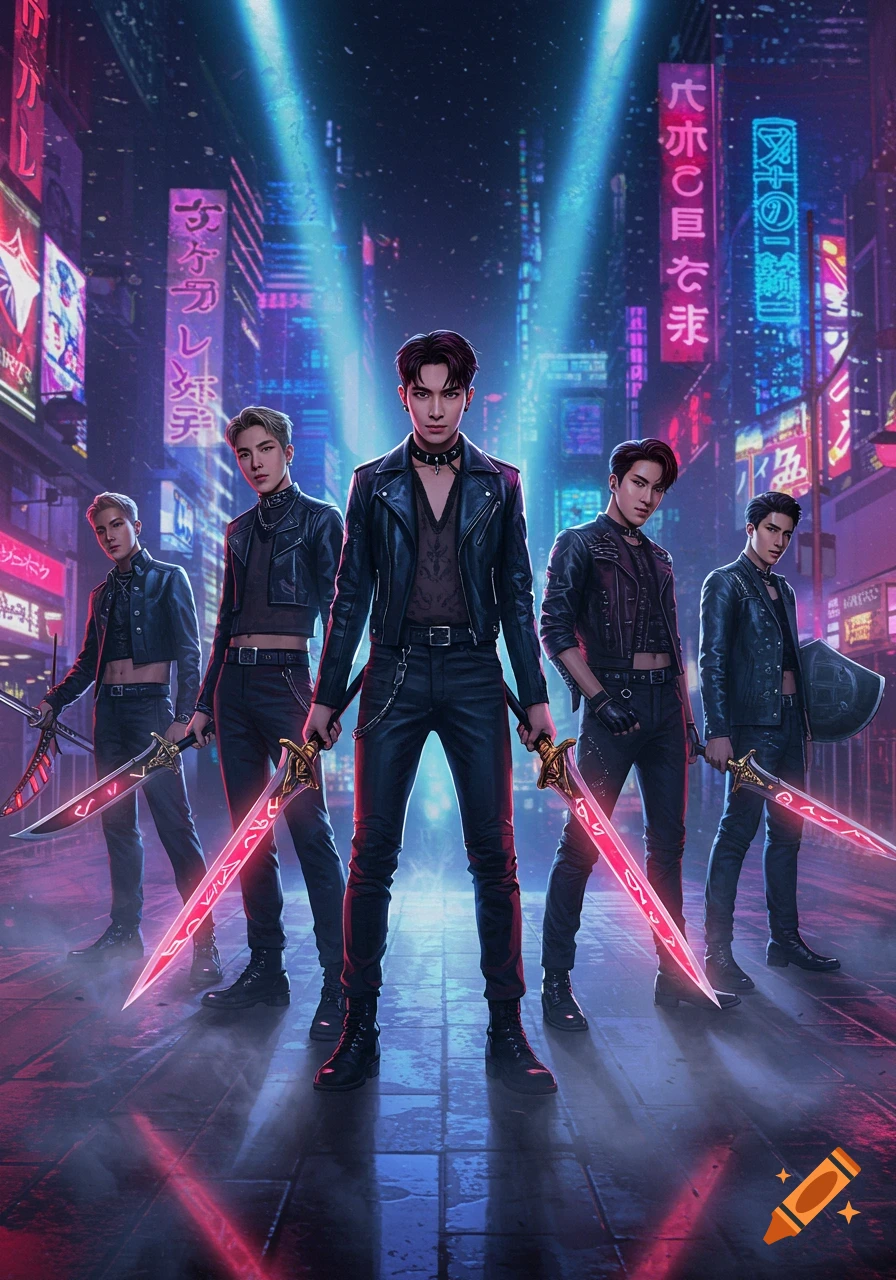 Five K-pop inspired demon hunters in leather jackets hold glowing swords in a neon-lit cyberpunk city.