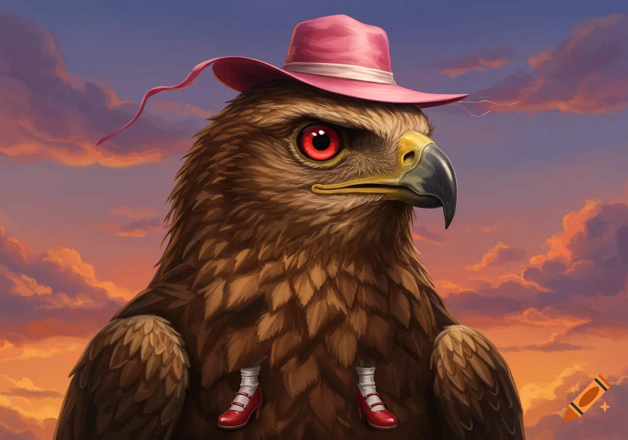 A majestic brown eagle with glowing red eyes wears a pink hat and red high heels, against a dramatic sunset sky.