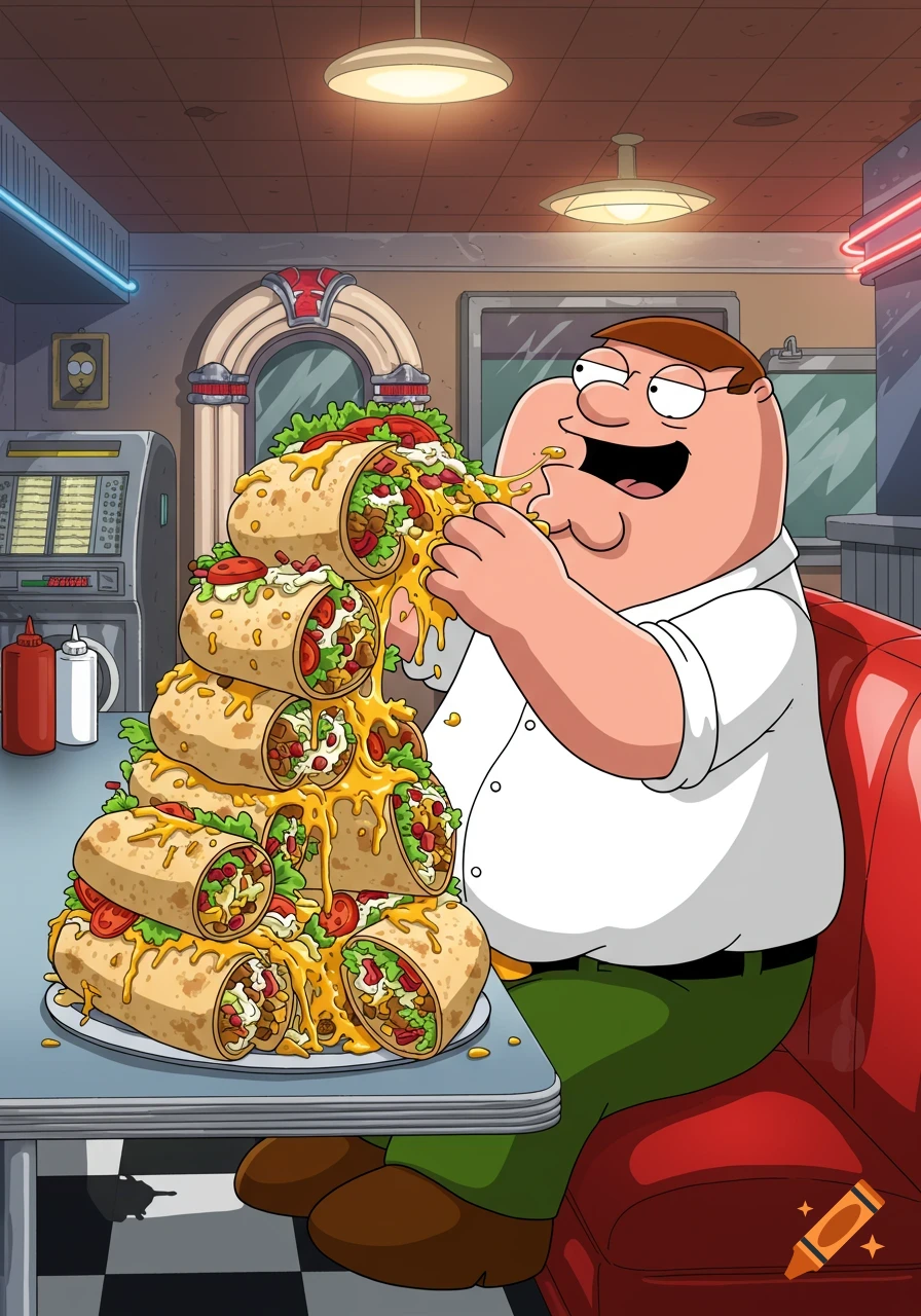 Cartoon character Peter Griffin devours a huge stack of cheesy burritos at a retro diner.