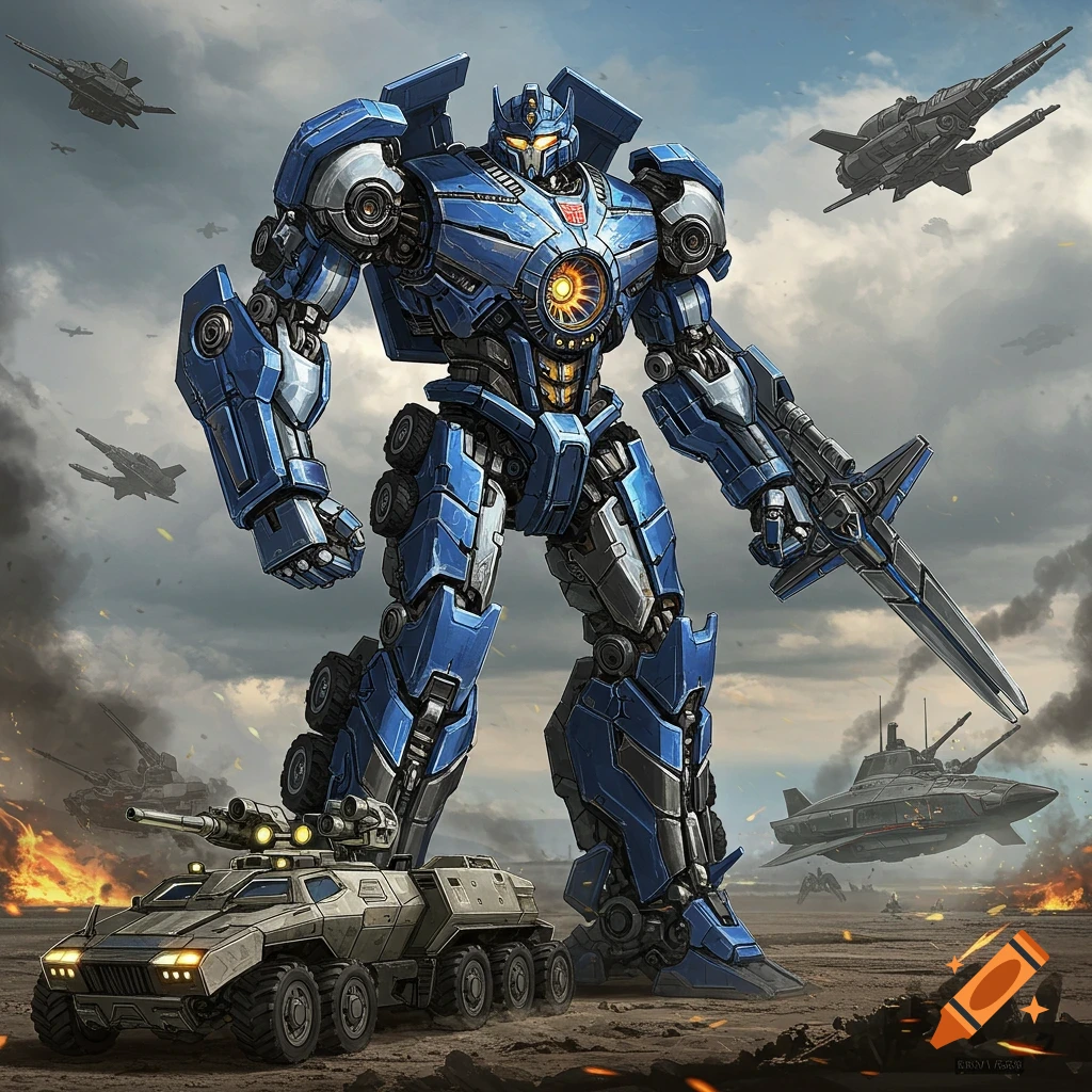 A giant blue and silver robot, resembling a Transformer, stands on a battlefield with military vehicles and aircraft under a cloudy sky.