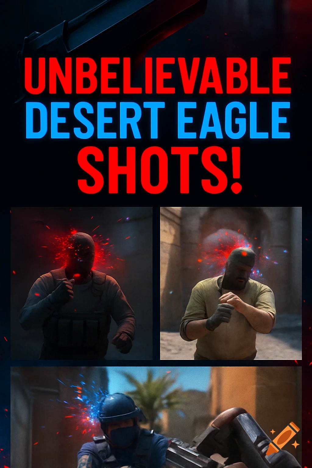 A gaming poster for "UNBELIEVABLE DESERT EAGLE SHOTS!" featuring three panels of stylized headshot impacts with red and blue particle effects on game characters.