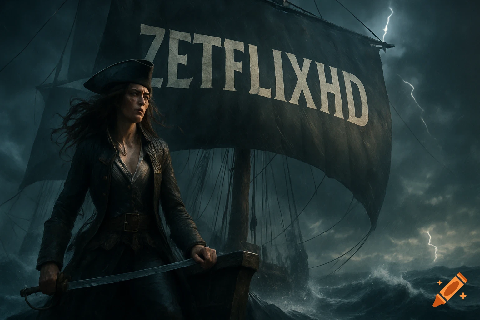 A cinematic fantasy image of a female pirate on a ship's deck during a storm. A sail behind her displays 'ZETFLIXHD' in white letters.