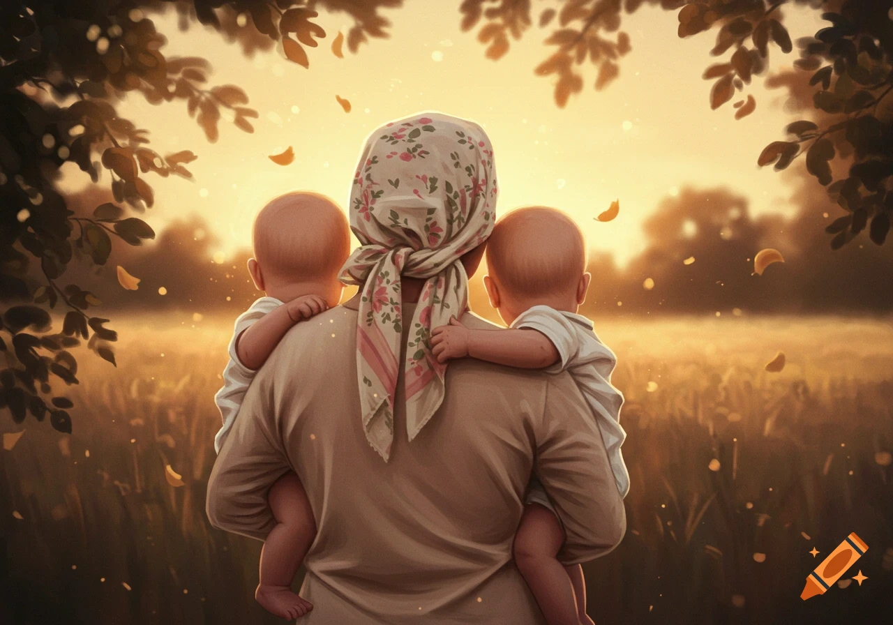 Mother in floral headscarf carries two babies, backs to viewer, looking at a golden sunset over a field.