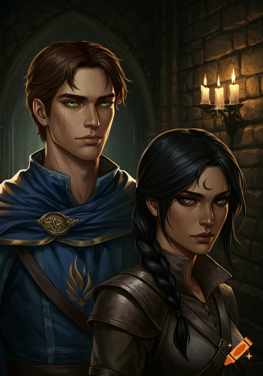 A digital painting of a man with green eyes and a woman with a crescent scar on her forehead, both in fantasy attire, standing in a dim castle hallway with candlelight.