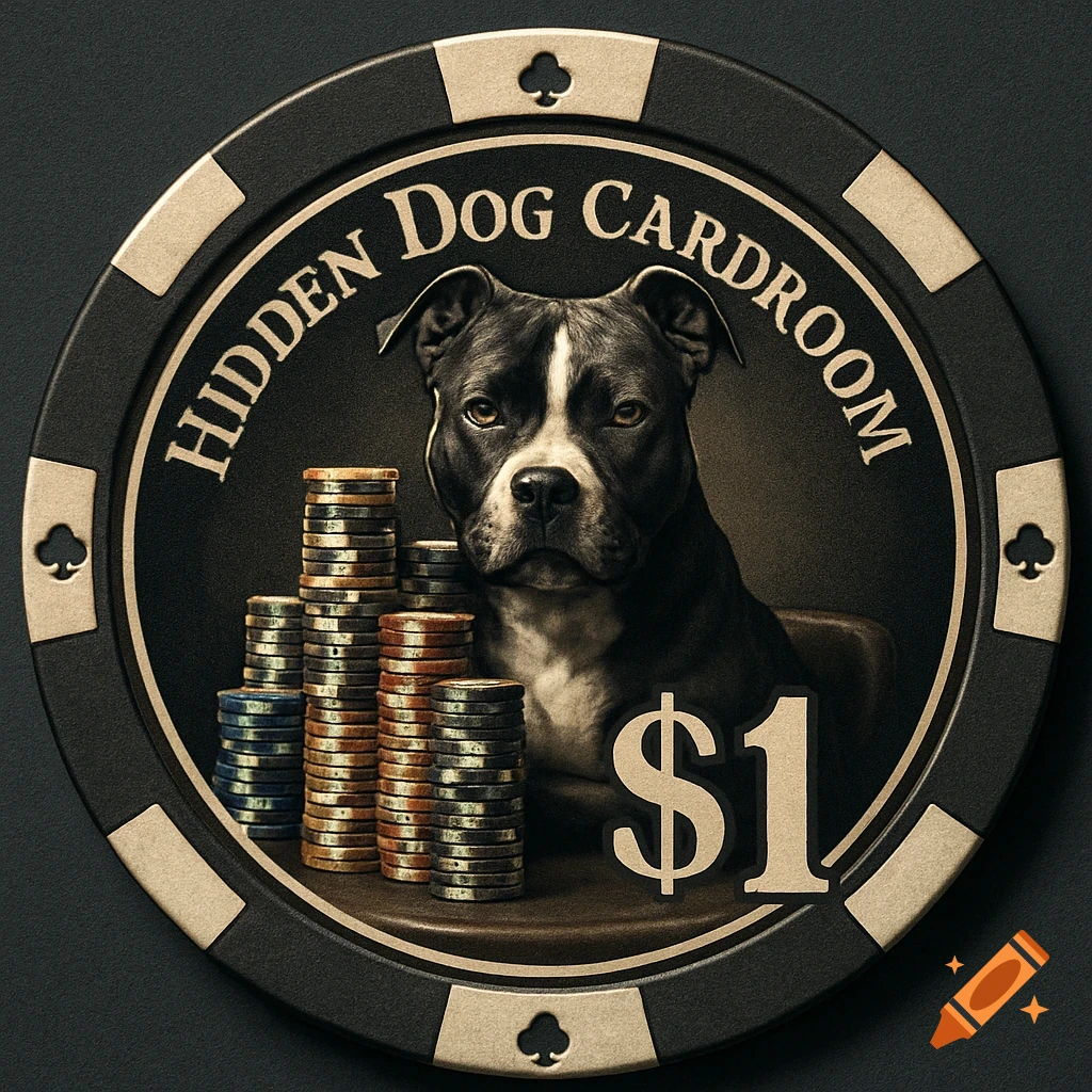 A detailed illustration on a black and gold poker chip features a black and white Pitbull, stacks of chips, the text 'HIDDEN DOG CARDROOM', and a large '$1' symbol.