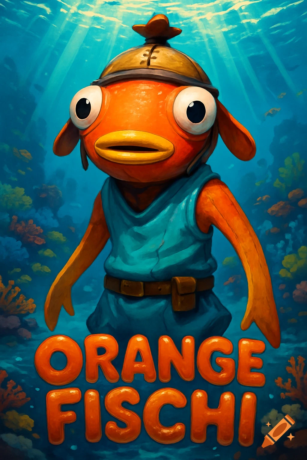 Cartoon Fortnite Fishstick character in a diver's helmet and blue vest, underwater with coral, text reads 'ORANGE FISCHI'.