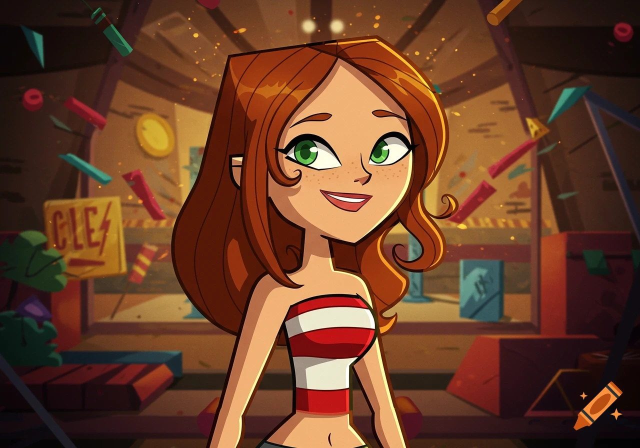A cartoon girl with long reddish-brown hair and green eyes, wearing a red and white striped strapless top, smiling in a stylized background with confetti.