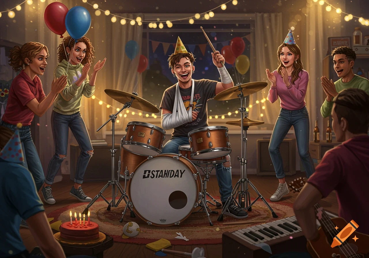 A group of friends celebrates a drummer's birthday. The drummer, wearing a party hat and an arm sling, sits at a drum kit while others clap and play instruments in a warm, festive room with string lights and balloons.