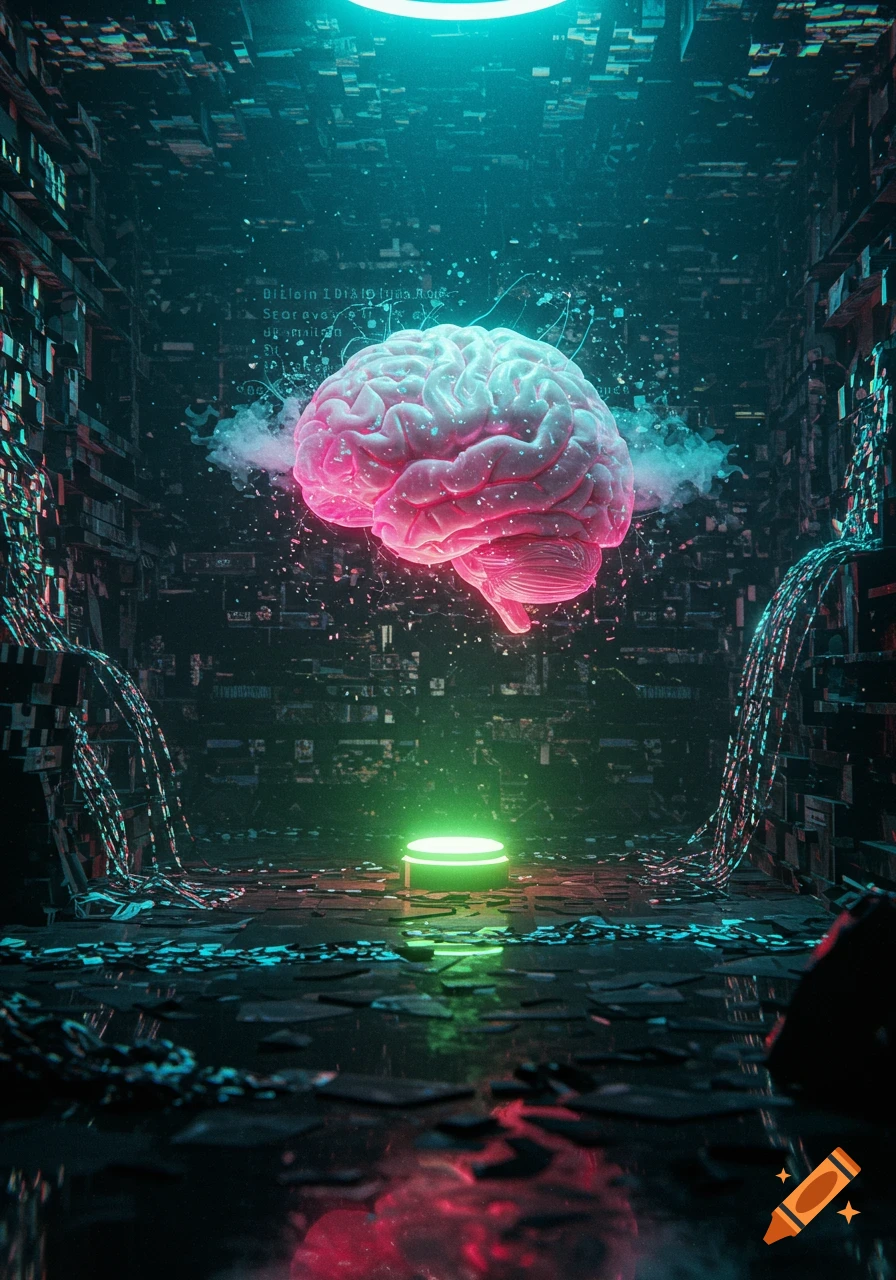 A glowing pink brain floats in a dark, futuristic chamber filled with circuits, wires, and neon lights, surrounded by digital particles.