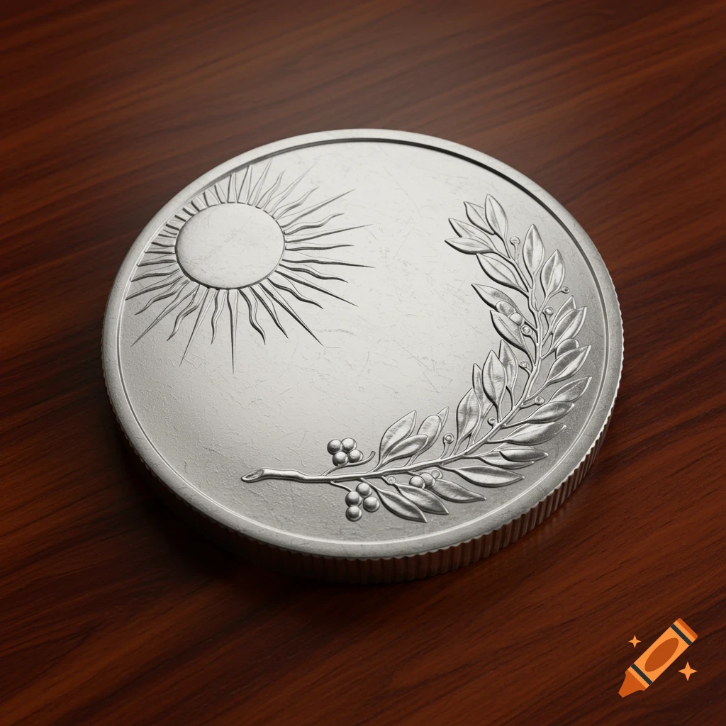 A close-up of a silver coin with an embossed sun and a laurel wreath design, resting on a dark wooden surface.