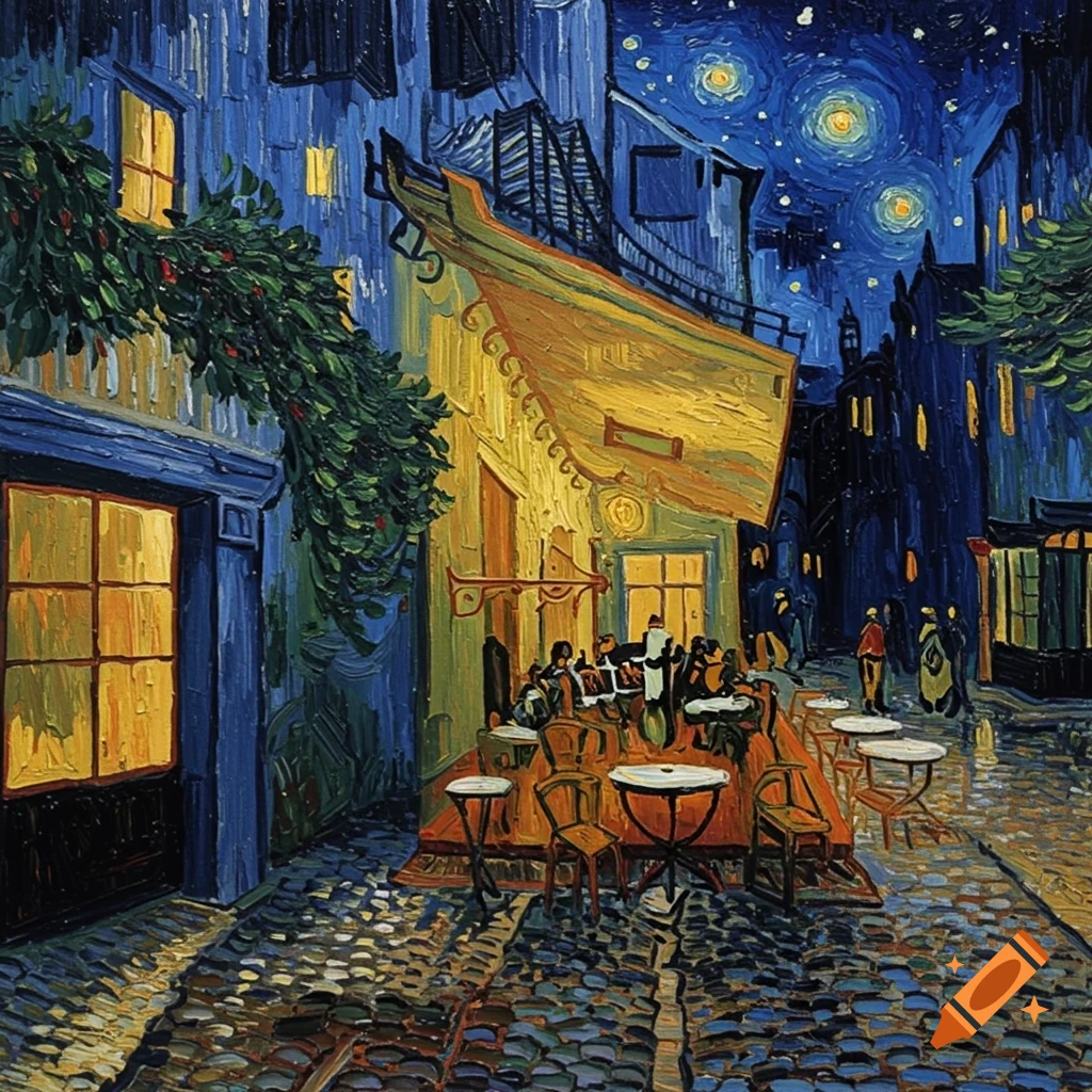A vibrant Van Gogh style painting of a cafe terrace at night with outdoor seating under a starry sky.