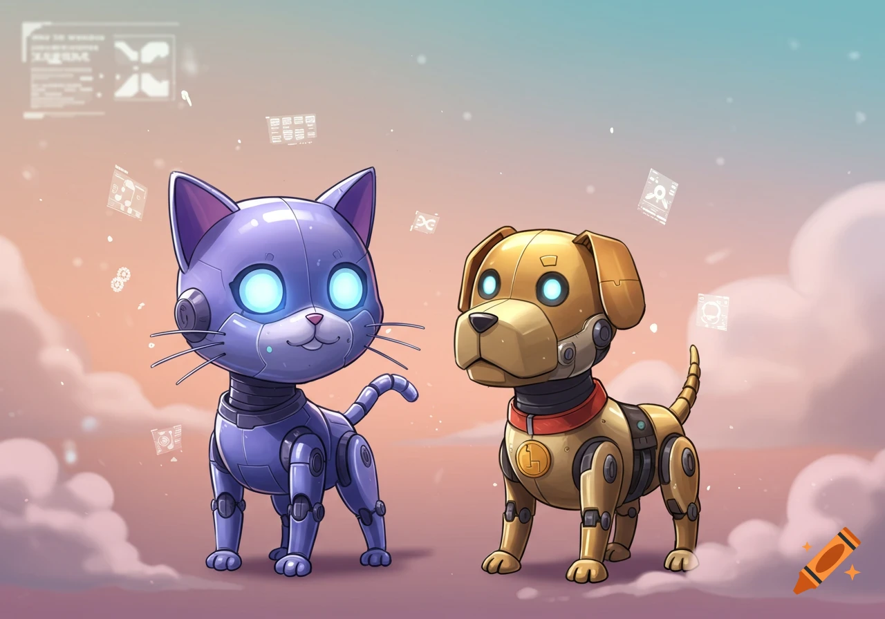 Cute anime-style robot cat and dog stand together, with floating futuristic UI elements in the background.