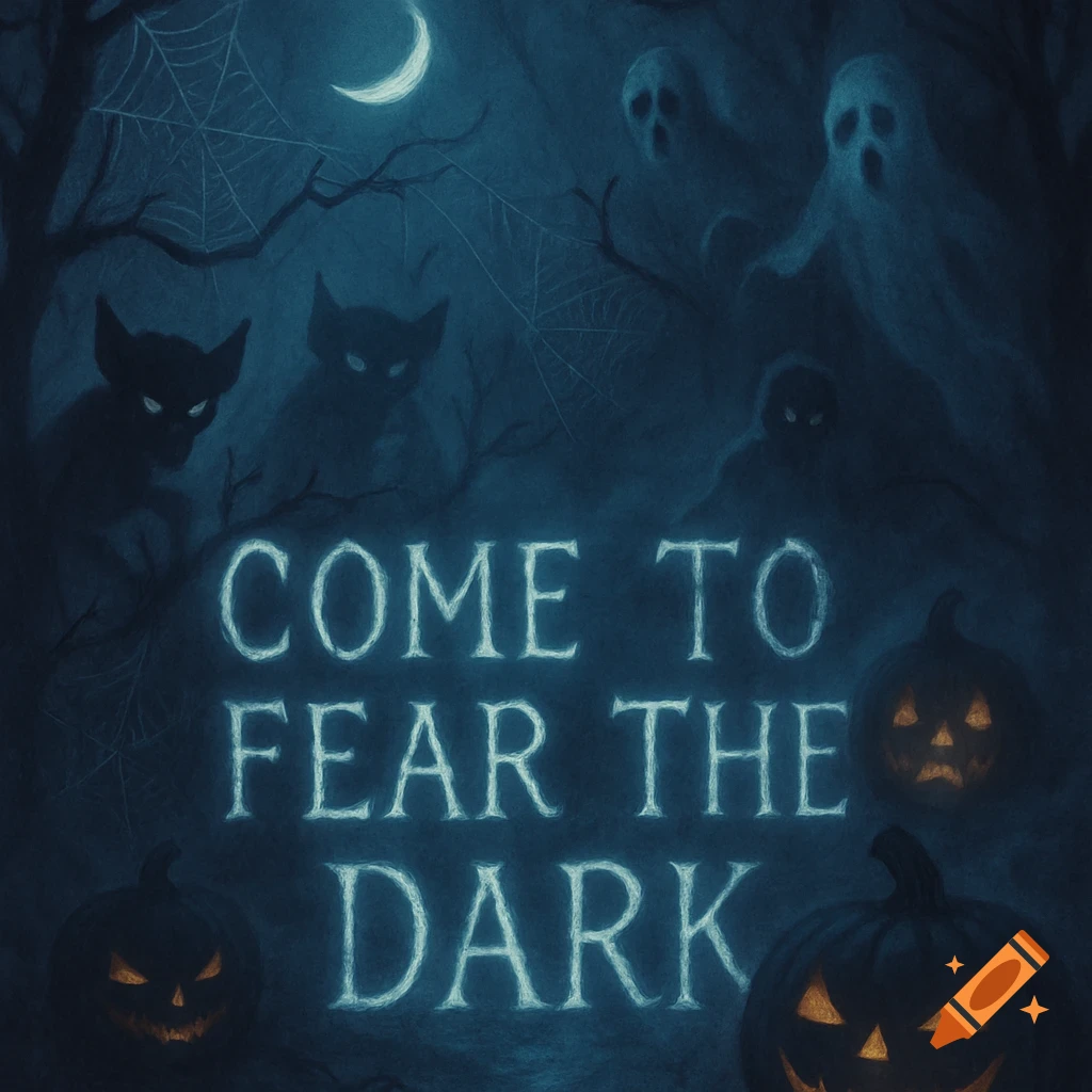 Dark Halloween illustration with glowing text 'COME TO FEAR THE DARK', shadowy cats, ghosts, spiderwebs, and jack-o'-lanterns.