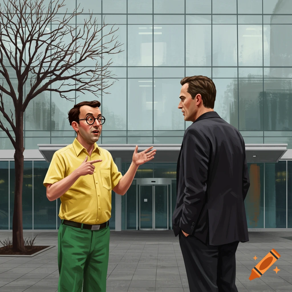 Illustration of two men, one in a yellow shirt, the other in a black suit, talking outside a modern glass building with a bare tree.