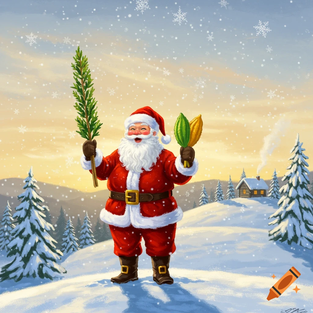 Smiling Santa Claus holds a green branch and two large pods in a snowy landscape with a cabin.