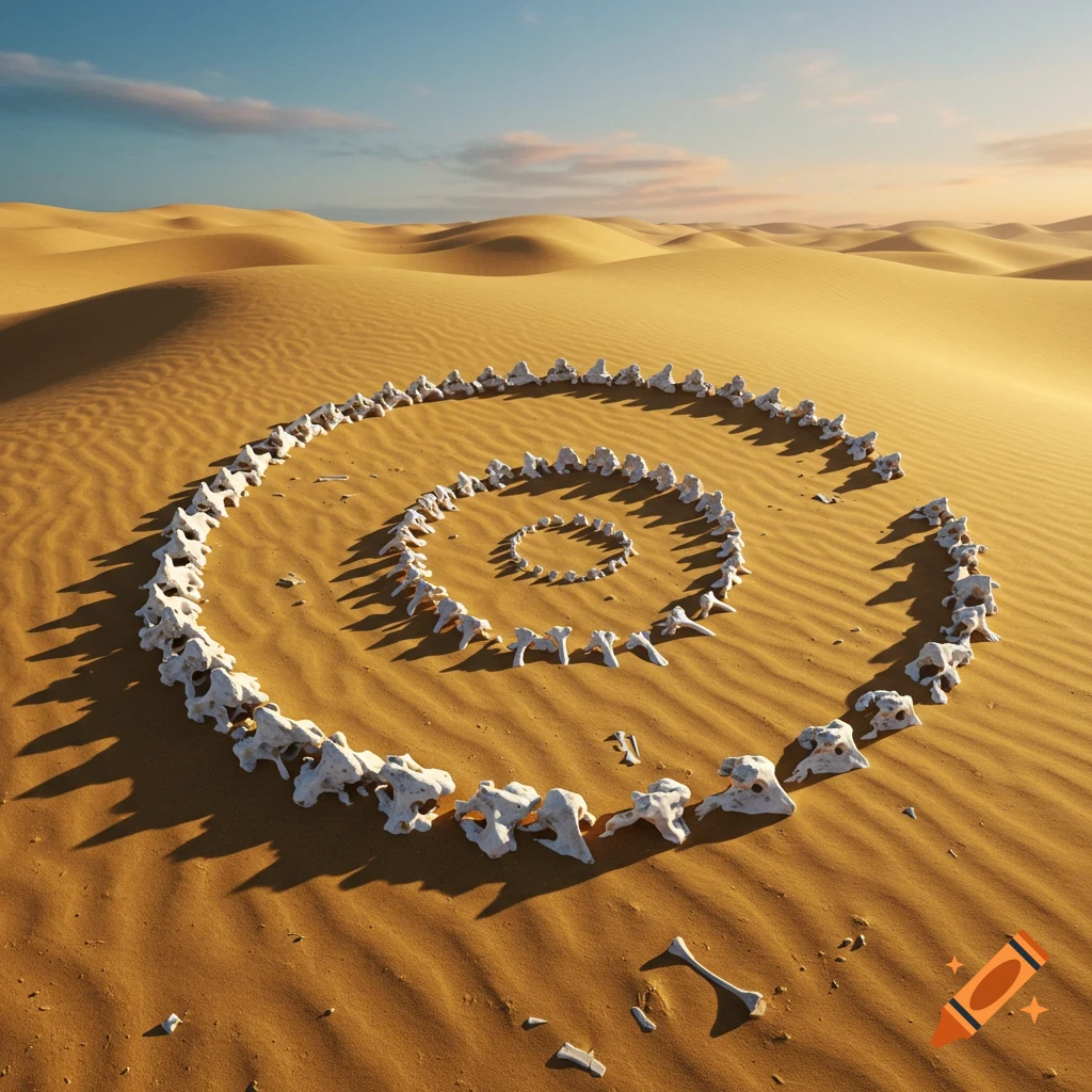 Photorealistic image of a spiral pattern made from white bones on a vast sandy desert landscape under a clear sky.
