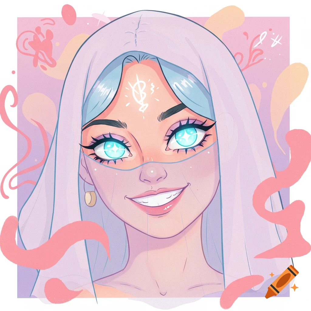 A cartoon portrait of a woman with light blue hair, glowing bright blue eyes, and an 'evil' smile, partially covered by a sheer white veil.