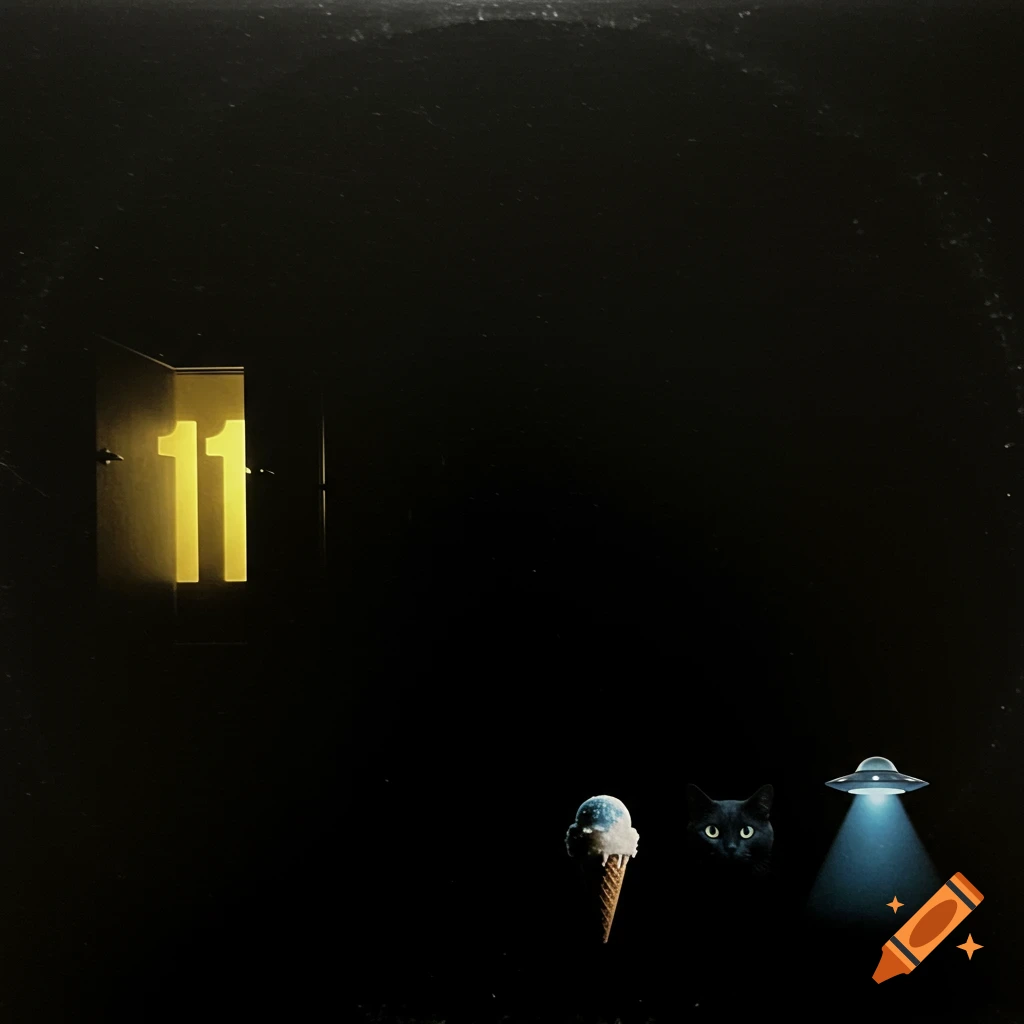 A dark, minimalist album cover with a yellow "11" formed by light from doors, an ice cream, black cat's eyes, and a UFO with a light beam.
